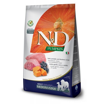 Farmina  (Фармина) N&D GRAIN FREE PUMPKIN DOG LAMB & BLUEBERRY ADULT MEDIUM & MAXI-беззерновой корм с ягненком, тыквой и черникой для взрослых собак средних пород 12кг